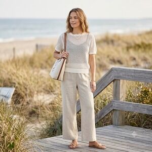 Reitmans Knit Top Womens Cream Small Cotton Short Sleeve Pointelle Crochet